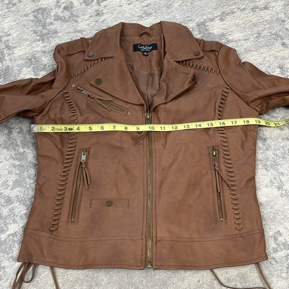 Coffee Shop Faux Leather Vegan Jacket Boho Moto Lace Up Ties Brown Sz L - Picture 11 of 14